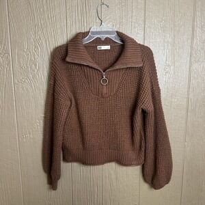 SO Open Knit Sweater L-Sleeve Brown/Red Quarter Zip Shawl Pullover Sz L Warm